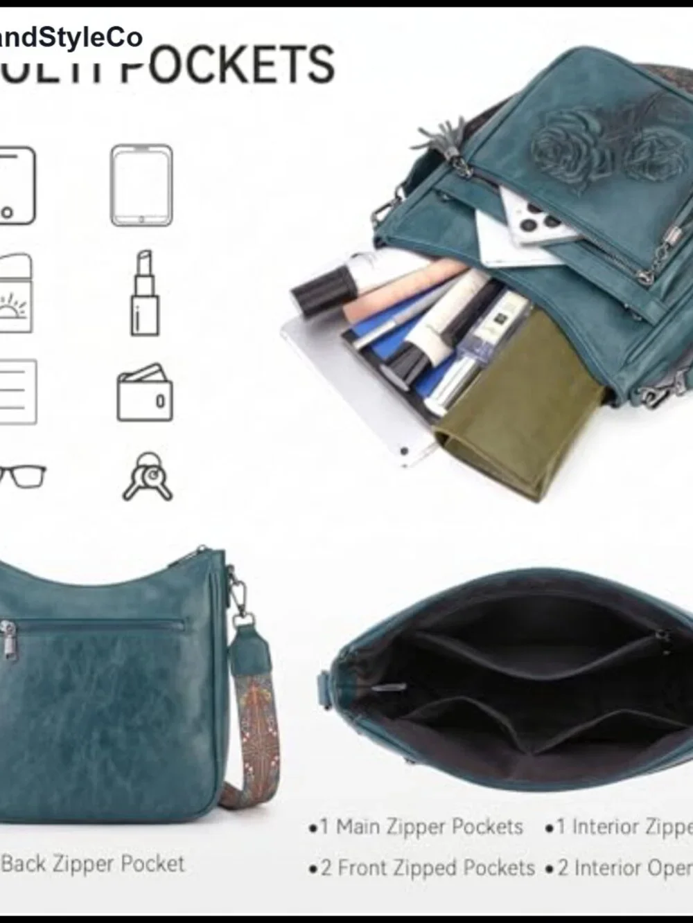 Vegan Leather Hobo Crossbody Bag with Floral Embossed Pattern, Adjustable
